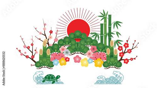 Classic Japanese celebratory symbols including the rising sun pine bamboo and plum blossoms with a lucky turtle on the bottom corner.