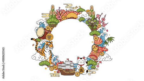 Festive circular frame design composed of Japanese new year elements like a tiger maneki neko treasure ship and pine branches.