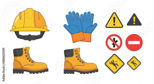 Workplace Safety Icons Set: PPE Gear (Hard Hat, Boots, Gloves) and Hazard Warning Signs. Vector illustration of Protective Equipment and Prohibition Symbols.