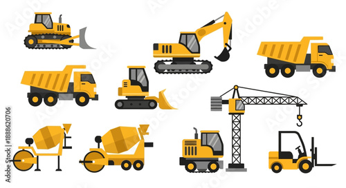 Construction Machinery Vector Icons Set. Heavy Equipment: Bulldozer, Excavator, Crane, Dump Truck, Concrete Mixer, and Forklift Isolated on White.