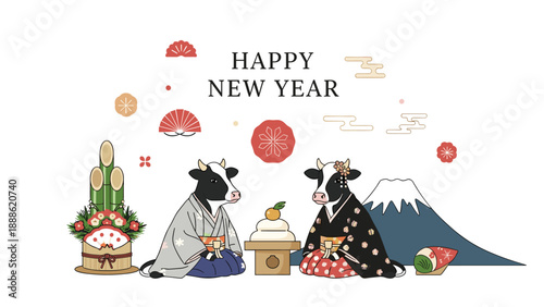 Happy New Year 2021 illustration with zodiac cows wearing kimonos sitting in front of Mount Fuji with traditional festive decorations.