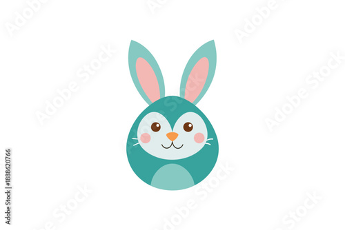 Cute cartoon teal bunny rabbit face with pink cheeks and big ears white background