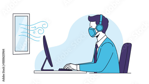 Illustration of a man working at a desk with a face mask and headphones next to an open window for air ventilation.