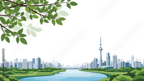 Modern city skyline illustration featuring high-rise buildings and a river framed by green tree branches in the foreground.