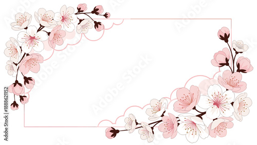 Elegant horizontal frame design adorned with delicate pink cherry blossoms and buds in the corners on a white background.
