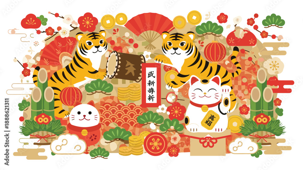 Fototapeta premium Japanese New Year celebration illustration featuring tigers and lucky cats surrounded by traditional festive symbols like coins and pine.
