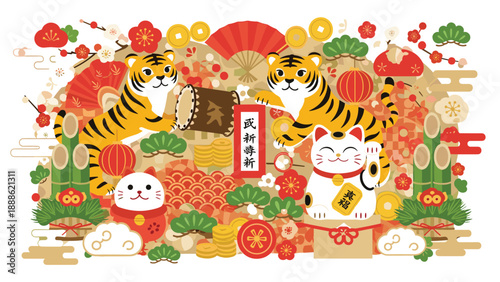 Japanese New Year celebration illustration featuring tigers and lucky cats surrounded by traditional festive symbols like coins and pine.
