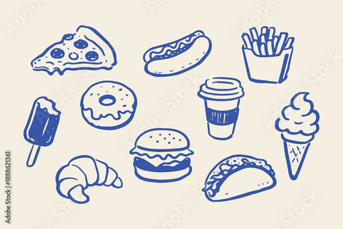 Fast food doodle line art vector illustration