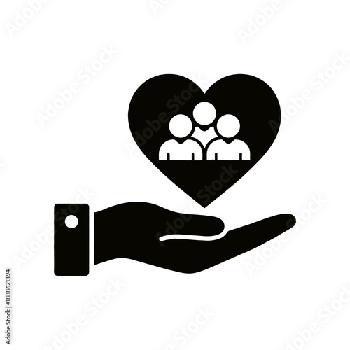 Black icon of a hand holding a heart with three people figures inside isolated on transparent background