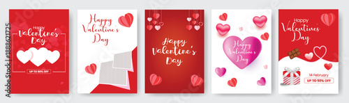 Romantic Valentine flyer poster templates set with love celebration party layout, 3D heart elements and modern vector illustration background collection