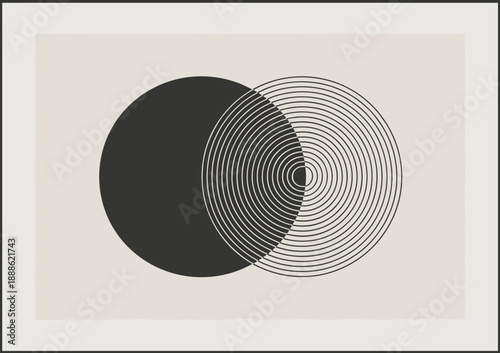 Abstract minimalist design with two overlapping circles, one solid and one with concentric rings geometric