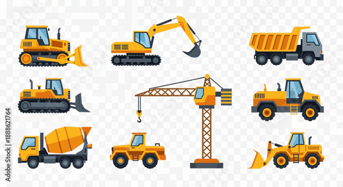 Heavy Construction Machinery Icons Set: Bulldozer, Excavator, Crane, Dump Truck, and Concrete Mixer Vehicles in Flat Vector Style