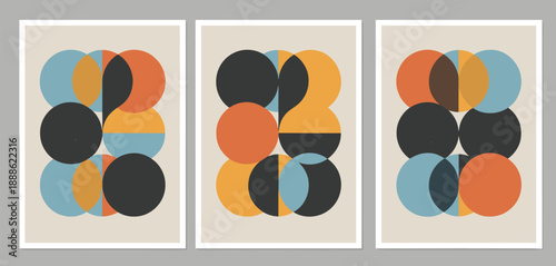 Three abstract geometric compositions with overlapping circles in muted colors on a light background