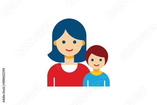 Parent and child depicted as flat icons with simple geometric shapes and bright colors, representing family bonding