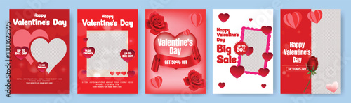 Valentine marketing flyer poster leaflet brochure cover template set with romantic mood and creative 3D heart vector illustration backgrounds