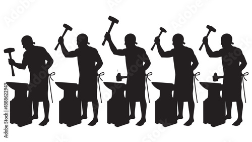 Blacksmith Silhouettes Hammering on Anvil Isolated on White Background