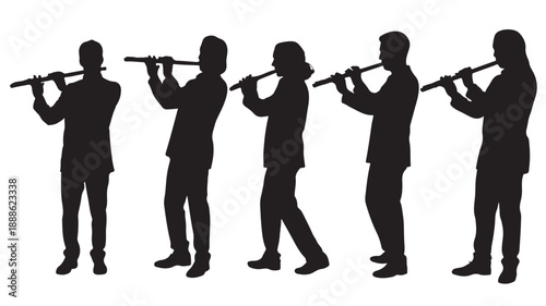 Silhouettes of Men Playing Flute in Different Poses Isolated on White