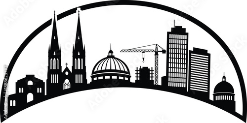 City skyline silhouette, urban architecture mix, historical and modern buildings, construction crane, dome and spire, cad drawing flat vector illustration