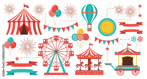 Carnival and fairground vector, circus tent, Ferris wheel, carousel, balloons, fireworks, candy, festive decor, cad drawing flat vector illustration