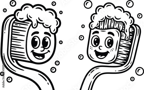 Smiling Toothbrush Cartoon Hygiene Line Art.