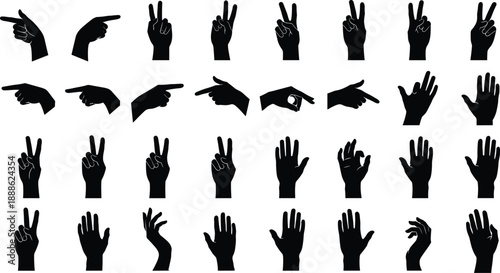 Hand gesture silhouette set, expressive finger signs, nonverbal communication icons, black vector grid, cad drawing flat vector illustration