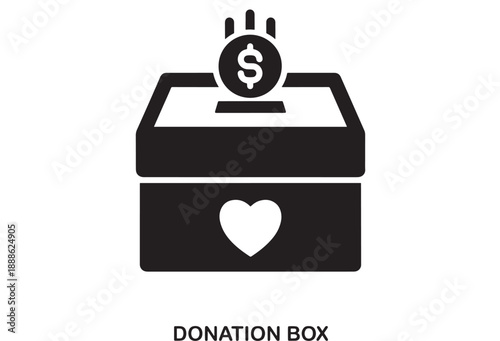 Simple black and white icon of a donation box with a heart symbol and a coin with a dollar sign entering the slot, representing charity and giving.
