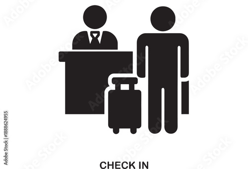 Simple flat black icon of a person checking in at a counter with luggage, representing travel and hospitality services.