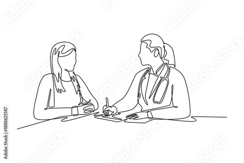 young girl teenager getting flu sick and visiting professional doctor to consultation. Doctor visit and consul concept. Single line draw design. Vector graphic illustration