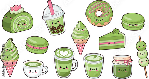 Cute Matcha Dessert and Drink Illustration Set with Green Tea Sweets, Kawaii Characters, Pastries, Ice Cream, and Cafe Beverage Elements