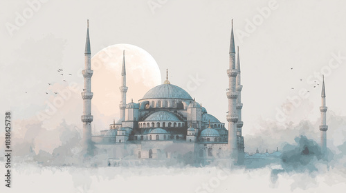 An awe-inspiring, digitally-rendered depiction of an iconic mosque, bathed in a soft, ethereal light, evokes a sense of tranquility. The intricate architectural details stand out.