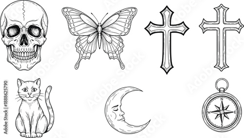 Skull illustration, butterfly drawing, Christian cross symbols, sitting cat artwork, crescent moon face, compass design, black white vector art