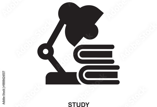 Black flat icon of a desk lamp illuminating a stack of books, symbolizing learning, education, and research, on a white background.