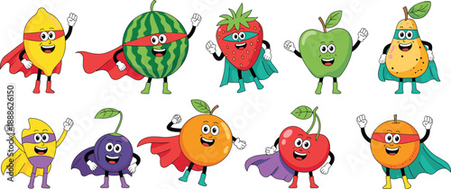 Superhero fruits cartoon illustration, healthy food characters, kids nutrition concept, fun fruit heroes, vector art, smiling fruits, colorful design