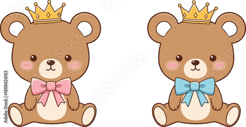 Cute Teddy Bear Prince and Princess Illustration Set with Crown and Bow, Kawaii Cartoon Style for Baby, Nursery, and Kids Design Projects