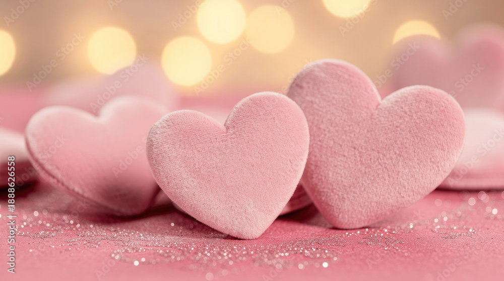 Fototapeta premium Soft pink velvet heart shapes with glitter on a pink surface and bokeh lights texture