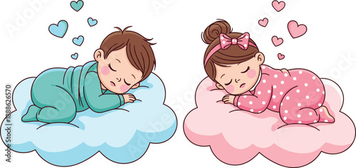 Cute Sleeping Baby Boy and Girl Illustration on Clouds with Hearts, Kawaii Cartoon Style for Nursery Decor, Baby Shower, and Childcare Designs