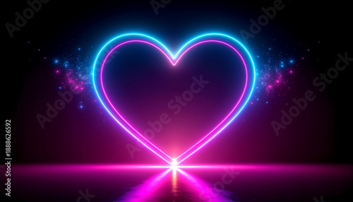 Neon heart symbol glowing with blue and pink light reflecting on surface, surrounded by sparkling particles creating magical atmosphere