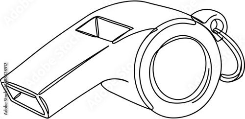 Whistle, referee tool, sports equipment, emergency signal, coaching accessory, safety device, black and white illustration, vector drawing, isolated icon, outline sketch