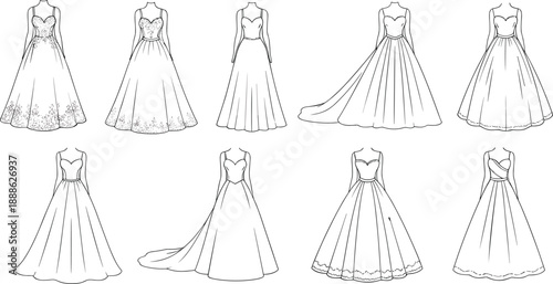 Wedding dress illustration, bridal gown sketch, fashion design outline, elegant dress silhouette, strapless sweetheart neckline, sleeveless V-neck, halter gown drawing