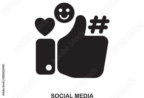 Thumbs up icon with heart, smiley face and hashtag symbol representing social media engagement and popularity in a clean, modern flat design style.