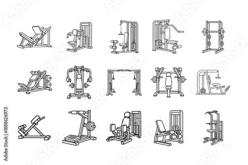 Strength Training Gym Machines Vector Icon Set – 15 Fitness Equipment Line Icons Including Leg Press, Chest Press, Lat Pulldown, Smith Machine