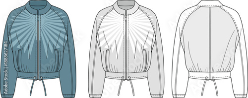 Women bomber jacket fashion illustration, teal blue radial burst pattern, gray technical sketch, front and back view, apparel design template