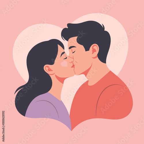 A loving couple shares a tender kiss framed by a large softly colored heart