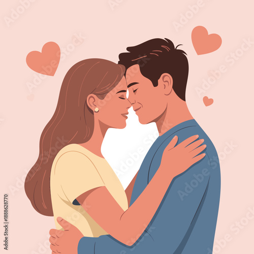 A loving couple embraces tenderly surrounded by floating pink hearts on a soft background