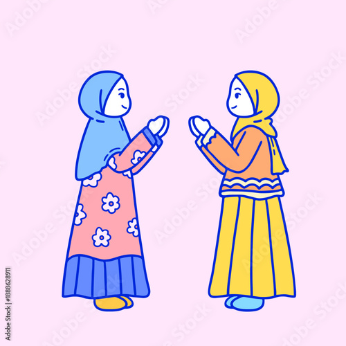 Vector of two Moslem women forgiving each other during the holy month of Ramadan. Concept of apology, reconciliation, kindness, and human connection in Islamic culture.