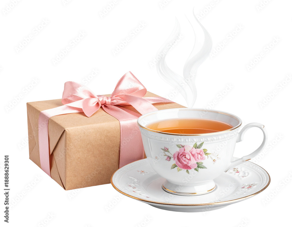 Fototapeta premium - Mother’s Day Gift with Tea Cup and Wrapped Present, Cozy Appreciation Concept 