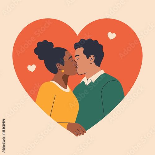 A loving interracial couple shares a tender kiss framed within a vibrant red heart shape
