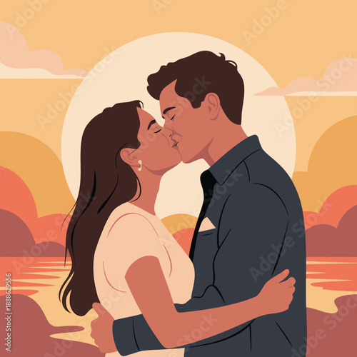 A couple embraces in a tender kiss against a warm stylized sunset backdrop