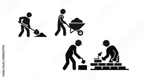 Construction Worker Pictograms Set: Builder Icons for Shoveling, Masonry, Bricklaying, and Heavy Labor with Wheelbarrow
