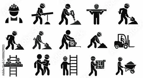 Construction Worker Icons Set. Building, Manual Labor, Industrial Job Pictograms: Shoveling, Drilling, Forklift, and Safety Helmet Silhouettes.